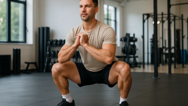 Athlète en position de squat sumo, pieds très écartés et pointes ouvertes, dans une salle de sport lumineuse.