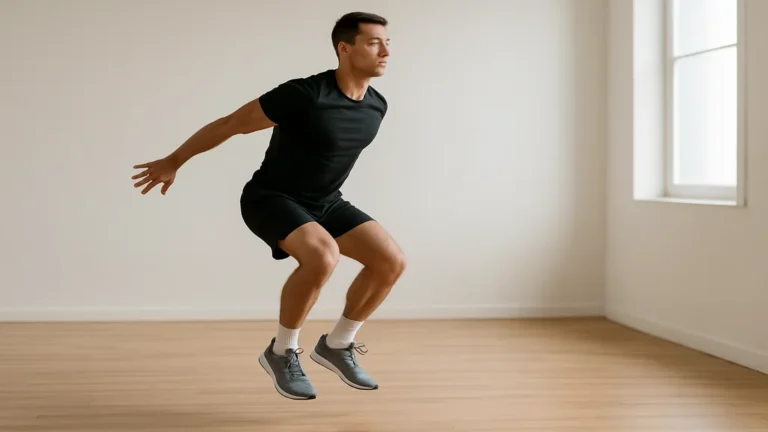 Athlète réalisant un squats jumping (squat jump) en salle lumineuse, phase d’extension explosive avec triple extension chevilles-genoux-hanches, posture contrôlée