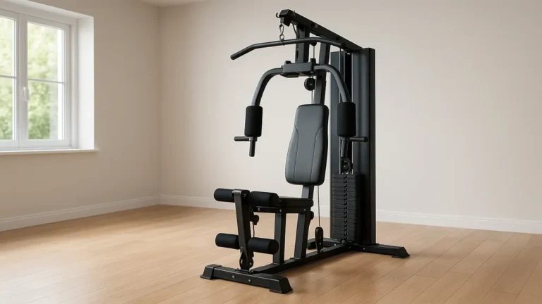 Station de musculation polyvalente en home gym lumineux avec poulie haute/basse, pec-deck et leg extension