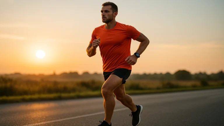 tempo run : coureur sur route au lever du soleil, effort “confortablement dur” à allure seuil