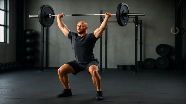 Athlète réalisant un thruster CrossFit : front squat suivi d’un push press, barre verrouillée au-dessus de la tête, gym moderne