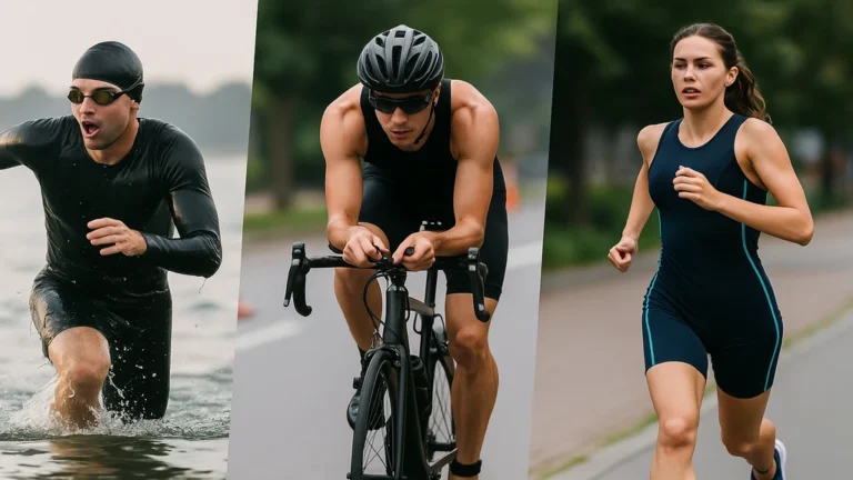 Triathlon XS : montage réaliste natation vélo course, format découverte 1024×576, ambiance dynamique et moderne