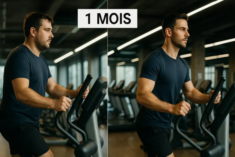 Homme utilisant un vélo elliptique en salle de sport, comparaison avant/après 1 mois d’entraînement
