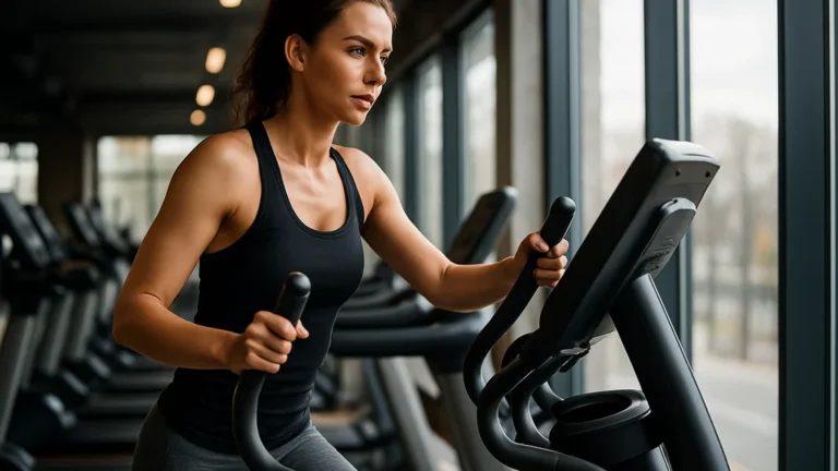 Sportive concentrée sur vélo elliptique en salle lumineuse — visuel pour article sur bienfaits, intensités et programmes d’entraînement.