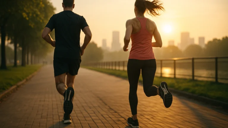 Deux coureurs sur voie verte au lever du soleil — illustration réaliste de la vitesse moyenne en course à pied selon le niveau (débutant à entraîné).