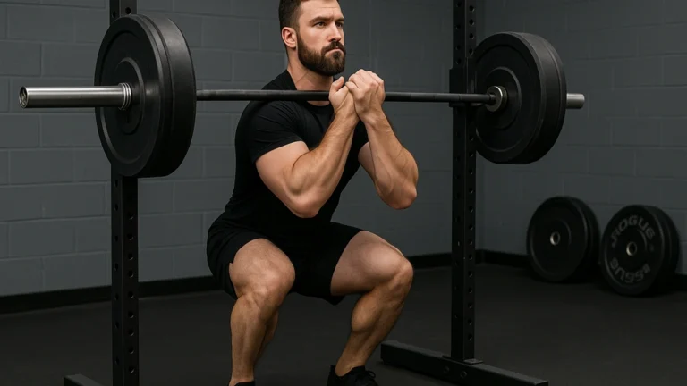 Zercher squat — barre au creux des coudes, torse vertical, genoux alignés aux orteils, gainage maximal du tronc et haut du dos