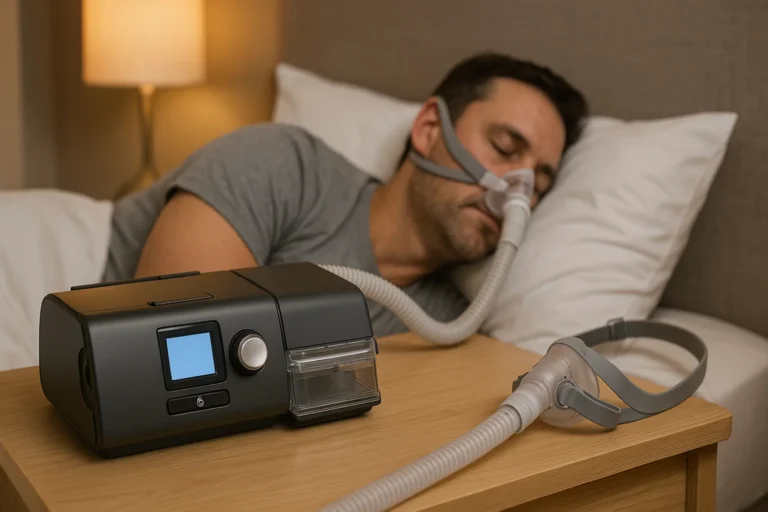 Homme dormant avec un masque de PPC relié à un appareil d’apnée du sommeil posé sur la table de nuit, illustrant le traitement et le coût d’un appareil pour apnée du sommeil.