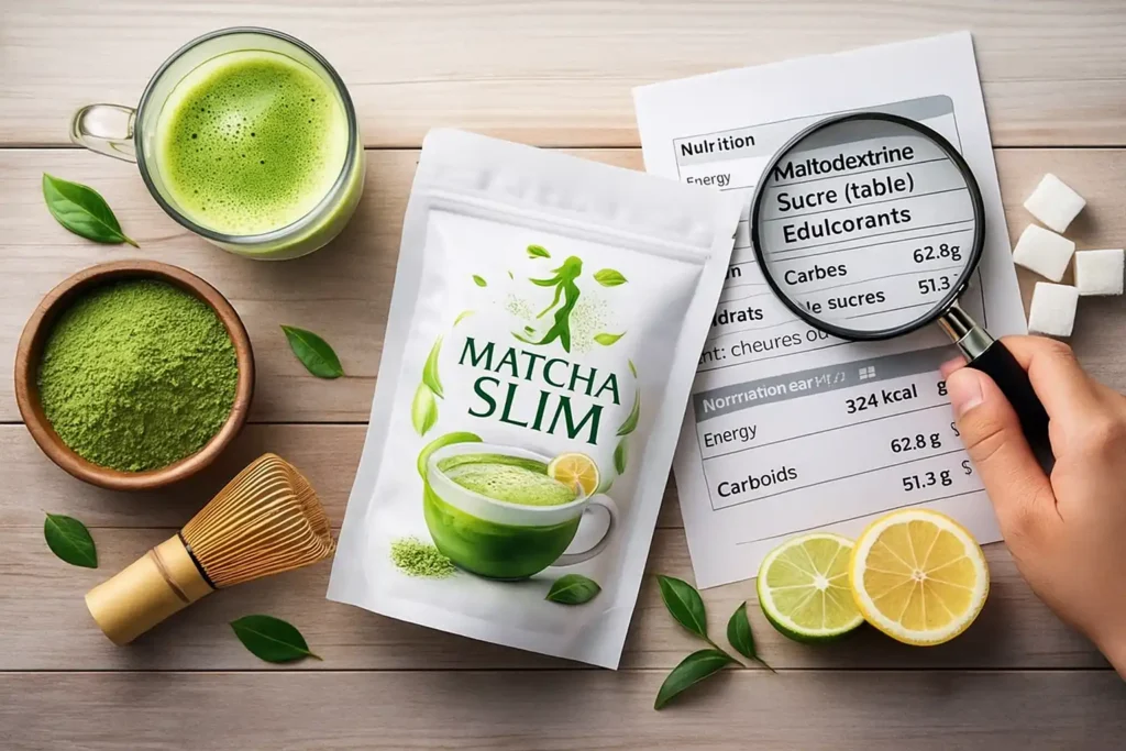 Analyse de la composition du Matcha Slim avec poudre de matcha, boisson verte et fiche nutritionnelle examinée à la loupe