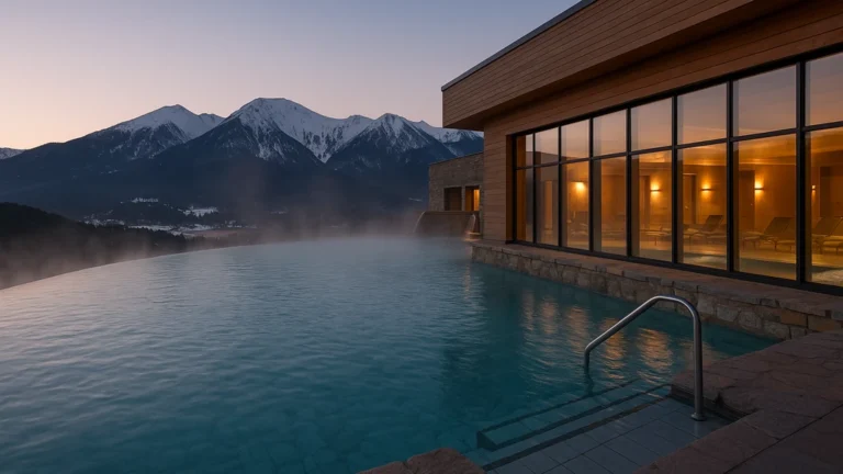 Piscine balnéo chauffée avec vue sur les montagnes aux Angles, centre Angléo Balnéo & Spa au crépuscule