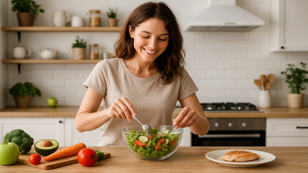 Femme qui prépare une salade équilibrée avec des légumes frais dans une cuisine lumineuse, illustrant le rééquilibrage alimentaire de la méthode Blune conseils minceur