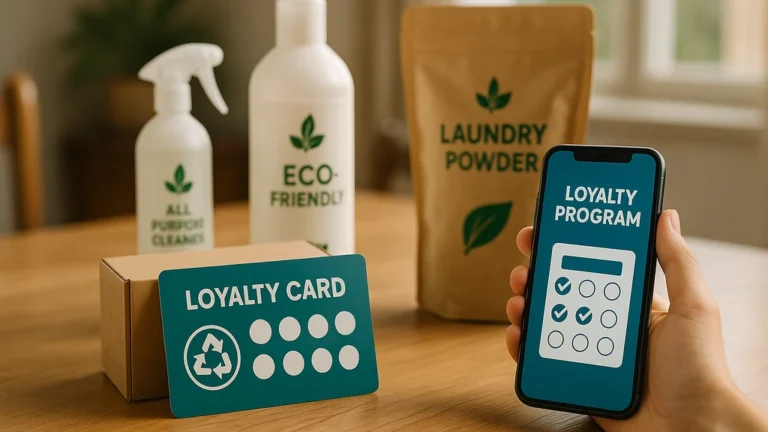 Programme de fidélité Club H2O avec smartphone affichant une carte de points et produits ménagers écologiques posés sur une table en bois