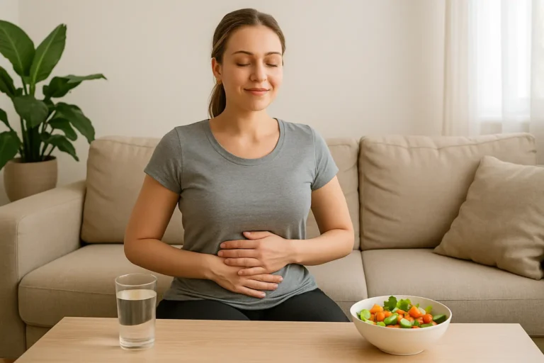 Femme assise dans une cuisine moderne préparant un repas sain, illustrant une perte de poids sans sport