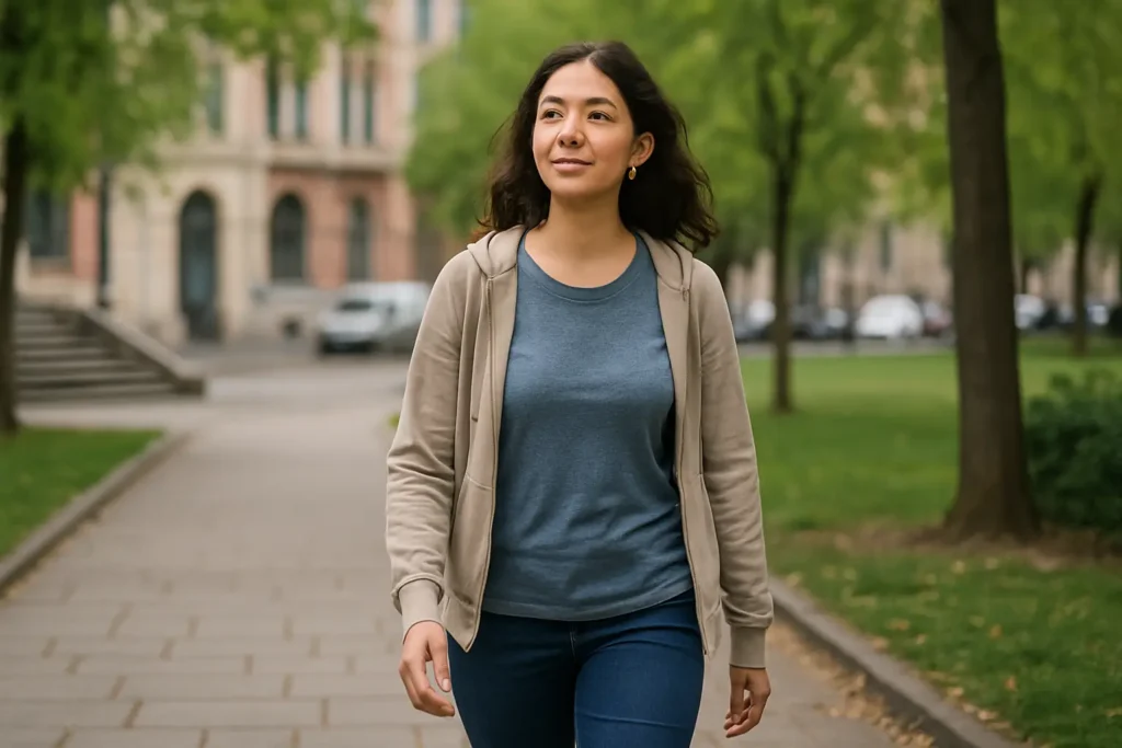 Femme marchant dans un parc urbain, illustrant la perte de poids sans sport intensif grâce au mouvement du quotidien