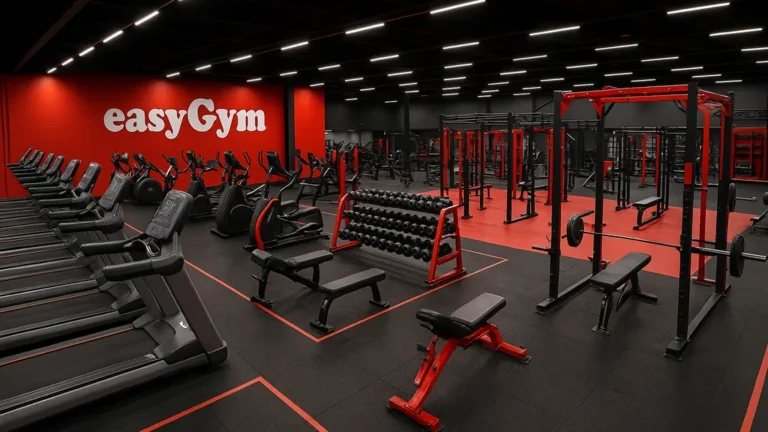 Grande salle easyGym Les Angles avec rangée de tapis de course et espace musculation rouge et noir dans la zone commerciale du Grand Angles