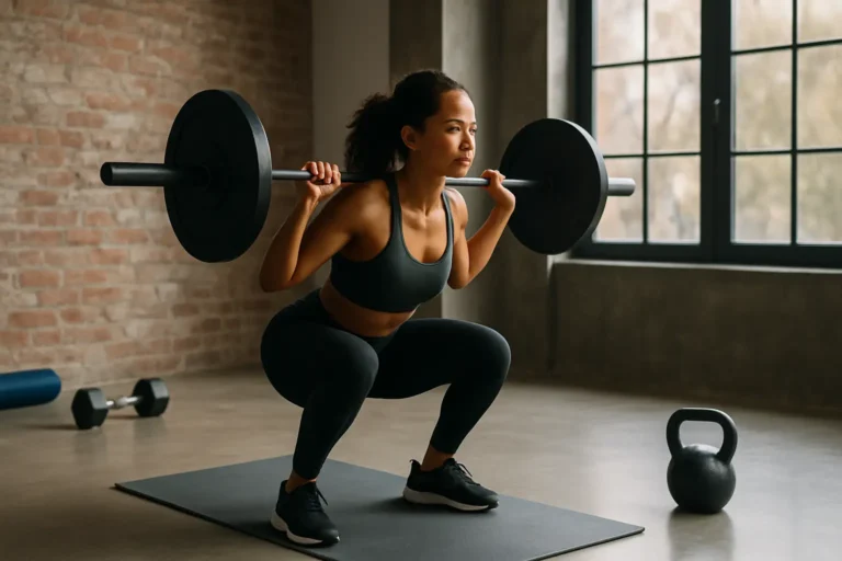 Femme en pleine séance de squats avec barre en salle de sport, illustrant les exercices pour perdre du poids