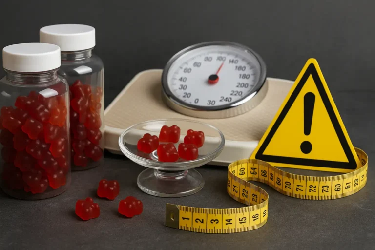 Flacons de gummies minceur rouges avec balance, mètre de couture et symbole de mise en garde sur fond sombre