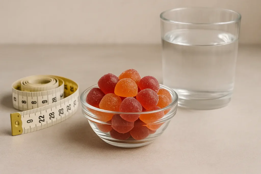 Coupelle de gummies colorés avec verre d’eau et mètre de couture, symbolisant les gummies minceur et la gestion du poids