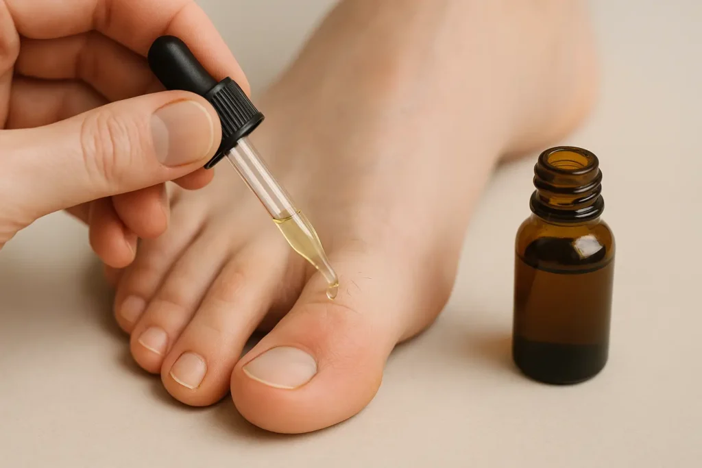 Application d’huile essentielle antifongique diluée sur les orteils pour traiter naturellement une mycose du pied