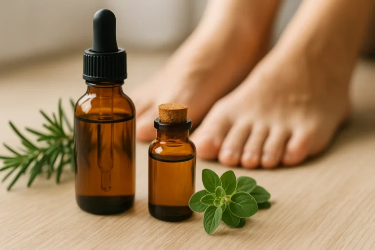 Flacons d’huiles essentielles antifongiques posés près de pieds nus, illustrant un traitement naturel des mycoses cutanées et des ongles