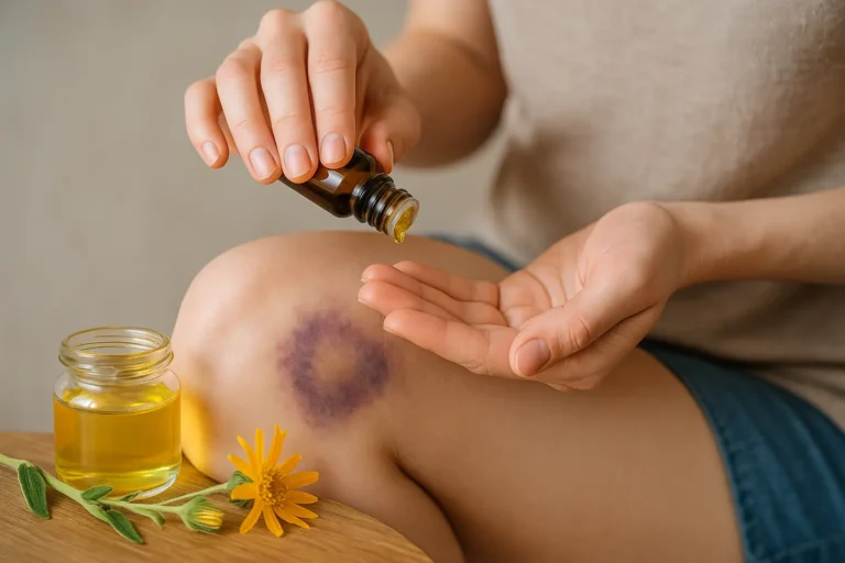 Application d’huile naturelle sur un hématome au genou, avec flacon d’huile végétale et fleur d’arnica