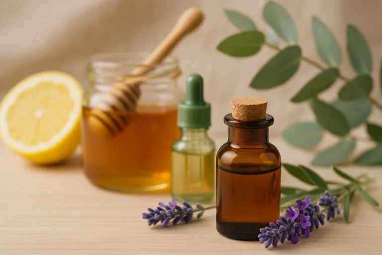 Flacons d’huiles essentielles avec miel, citron et eucalyptus sur une table en bois, illustrant l’utilisation des huiles essentielles pour apaiser un mal de gorge.