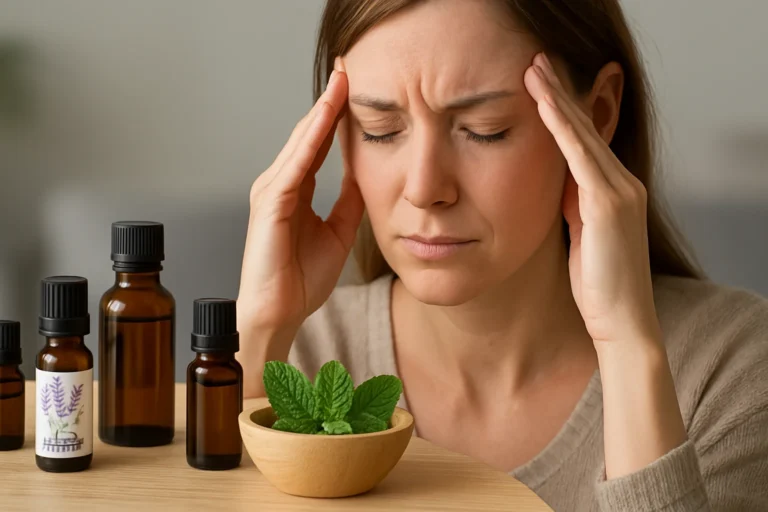 Femme se tenant les tempes avec des flacons d’huiles essentielles et des feuilles de menthe sur la table, illustrant l’utilisation des huiles essentielles pour soulager les maux de tête.