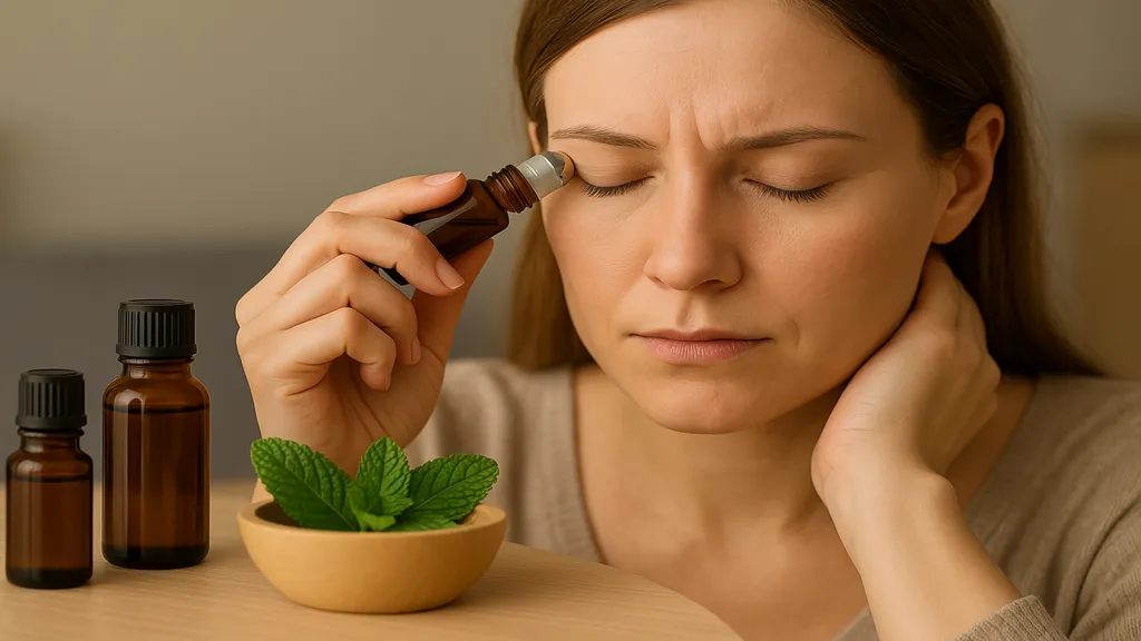 Femme appliquant une huile essentielle sur ses tempes pour soulager un mal de tête de tension, flacon d'huile sur la table