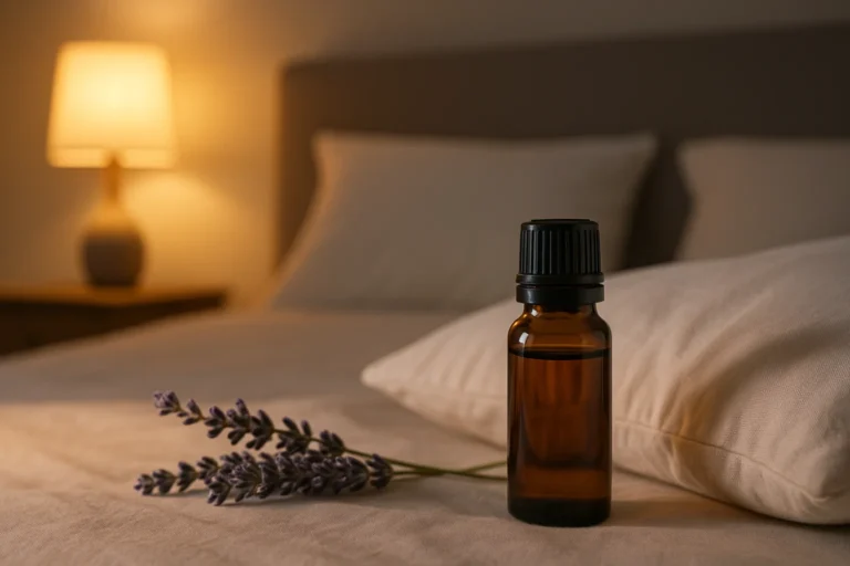 Flacon d’huile essentielle et brin de lavande posés sur un lit, dans une chambre éclairée par une lampe de chevet, illustrant l’utilisation des huiles essentielles pour favoriser le sommeil et la détente.