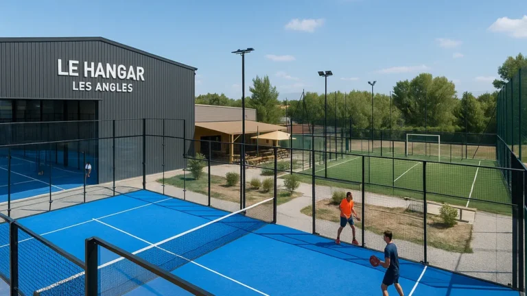 Complexe Le Hangar près des Angles avec terrain de padel bleu et terrain de foot à 5 en extérieur par beau temps