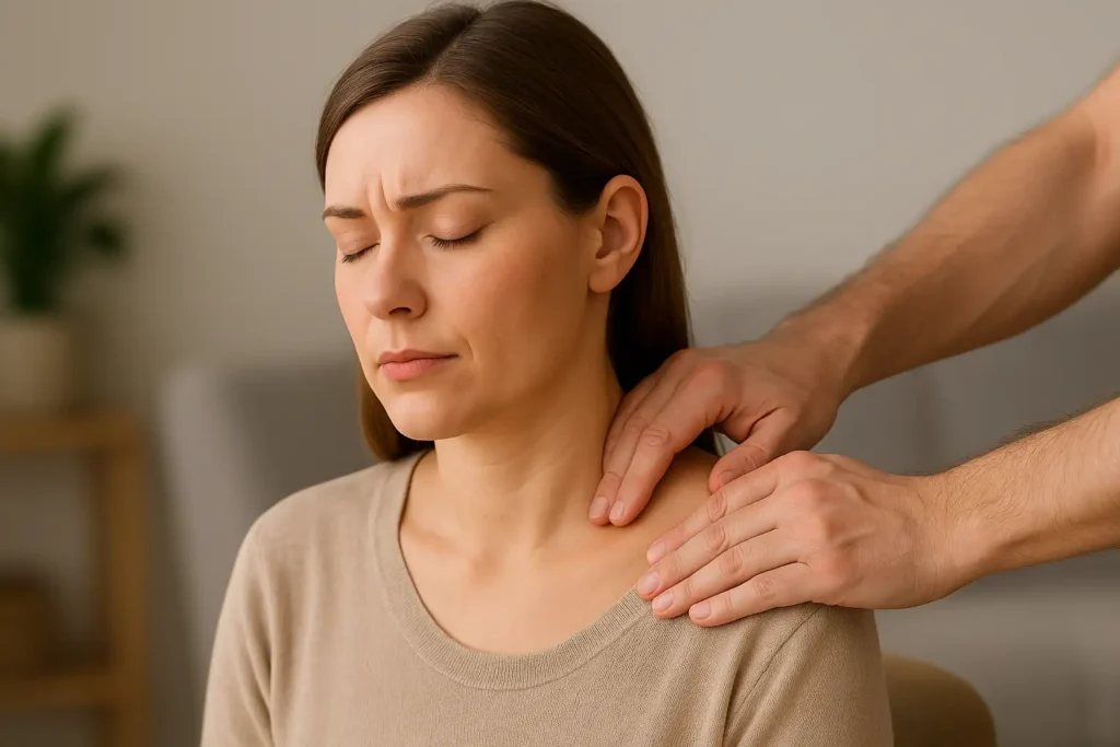 Femme massant doucement sa nuque pour soulager les tensions cervicales