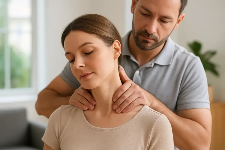 Massage doux des cervicales avec pression des doigts sur la nuque pour soulager les tensions musculaires.