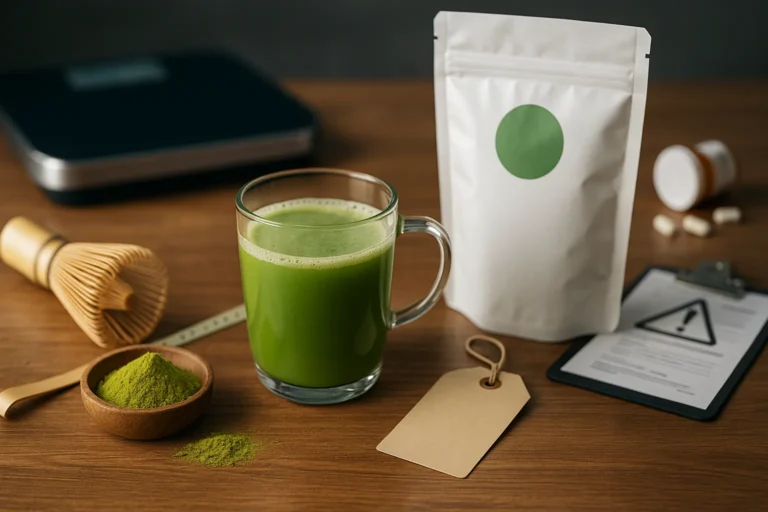 Boisson au matcha dans une tasse en verre avec poudre verte et ustensiles, ambiance bien-être naturelle