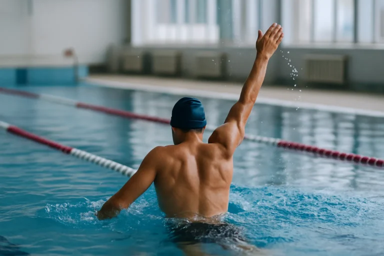 Nageur de dos dans une piscine intérieure, illustrant une séance de natation douce pour soulager le mal de dos
