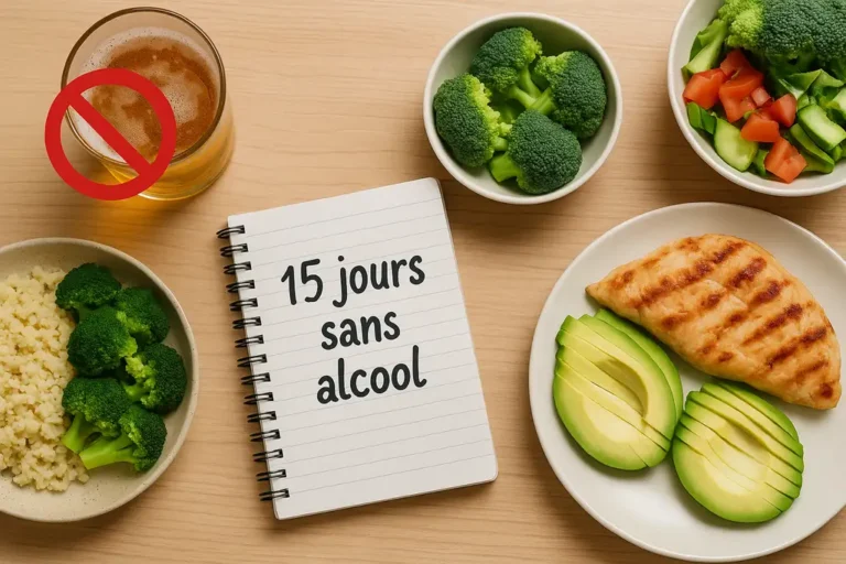 Assiette saine avec poulet grillé, avocat, brocoli et bloc-notes indiquant 15 jours sans alcool