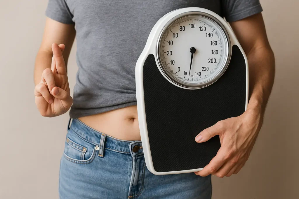 Personne tenant une balance après 15 jours sans alcool, illustrant l’impact possible sur la perte de poids
