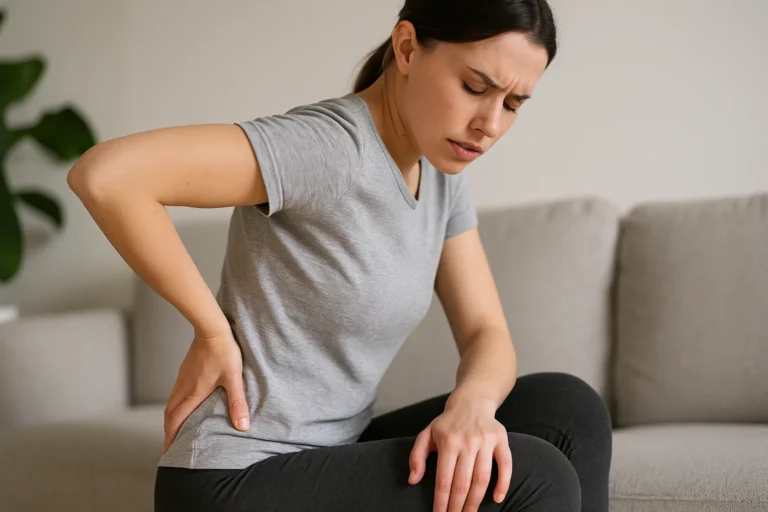 Femme qui tient le bas du dos en exprimant une douleur liée au nerf sciatique, assise sur un canapé dans un environnement intérieur.