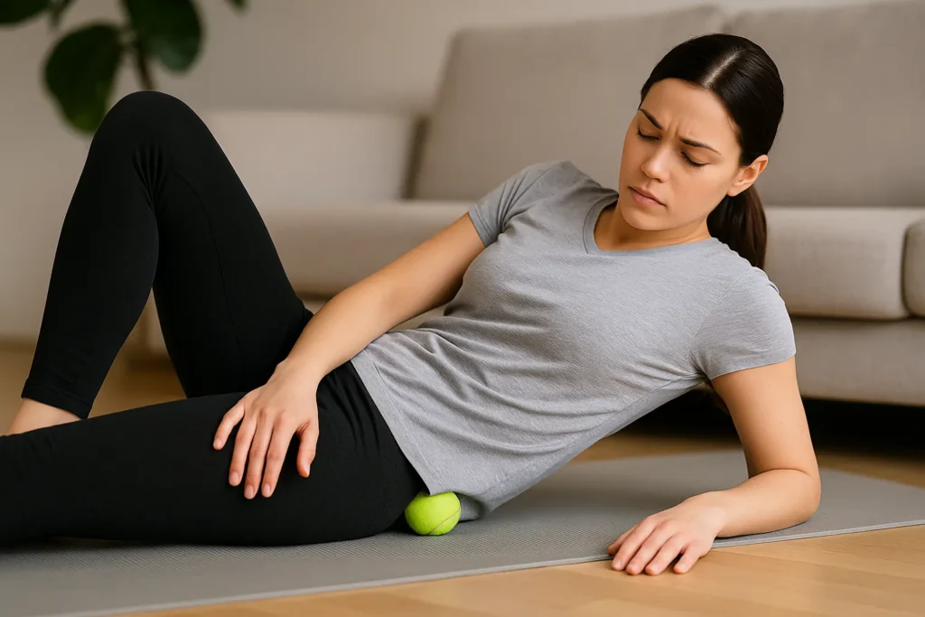 Femme allongée sur un tapis avec une balle placée sous la fesse pour masser la zone du nerf sciatique et soulager la douleur à domicile.