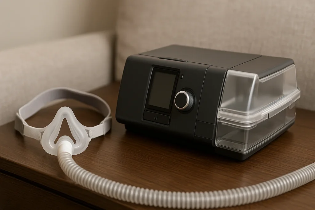Gros plan sur un appareil de PPC pour apnée du sommeil avec son masque posé sur une table de chevet, illustrant le coût et le matériel utilisé pour traiter l’apnée du sommeil.