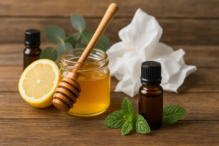 Flacons d’huiles essentielles avec miel, citron, eucalyptus et menthe sur une table en bois, illustrant des remèdes naturels utilisés en complément pour soulager les symptômes du rhume.