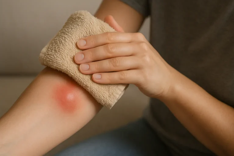 Application d’une compresse tiède sur un abcès cutané pour soulager la douleur en attendant une consultation médicale