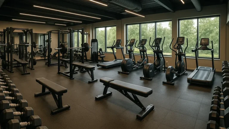 Salle de sport moderne à Les Angles avec équipements de musculation et de cardio dans une salle lumineuse.