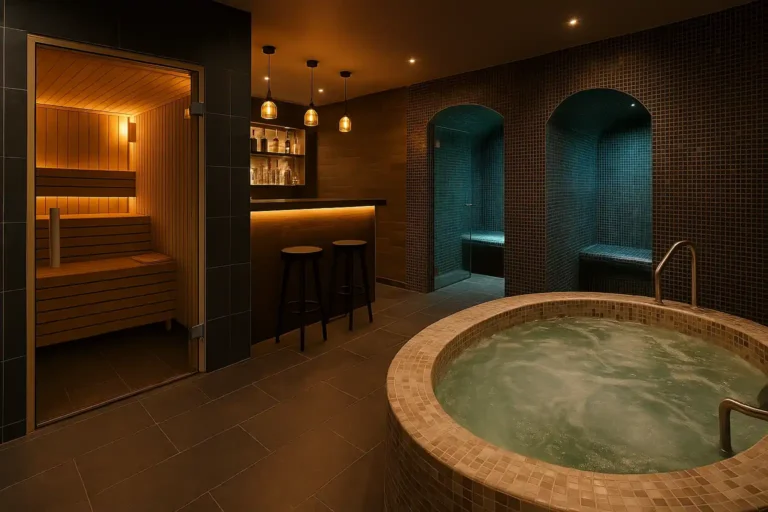 Intérieur d’un sauna masculin moderne avec hammam, éclairage tamisé et espaces de détente, ambiance chaude et relaxante.