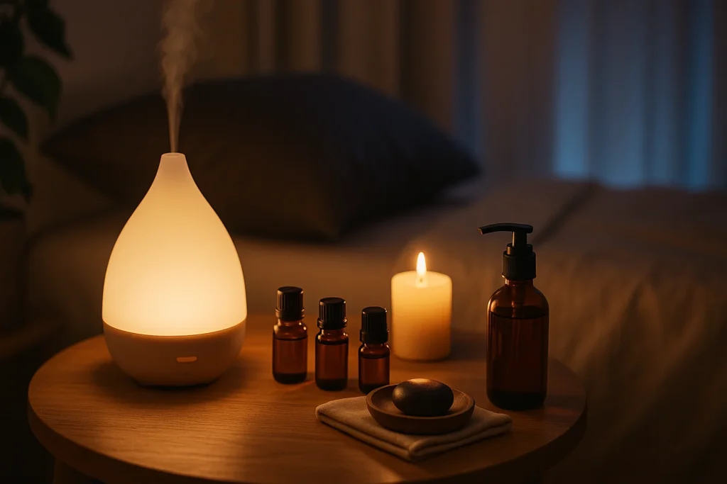 Diffuseur d’huiles essentielles lumineux posé sur une table de chevet avec flacons ambrés et bougie, illustrant un rituel du soir pour favoriser la détente et le sommeil naturel.
