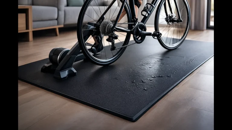 tapis home trainer noir antidérapant sous vélo d’intérieur avec traces de sueur au sol, protection du parquet et réduction des vibrations pour entraînement cycliste en appartement