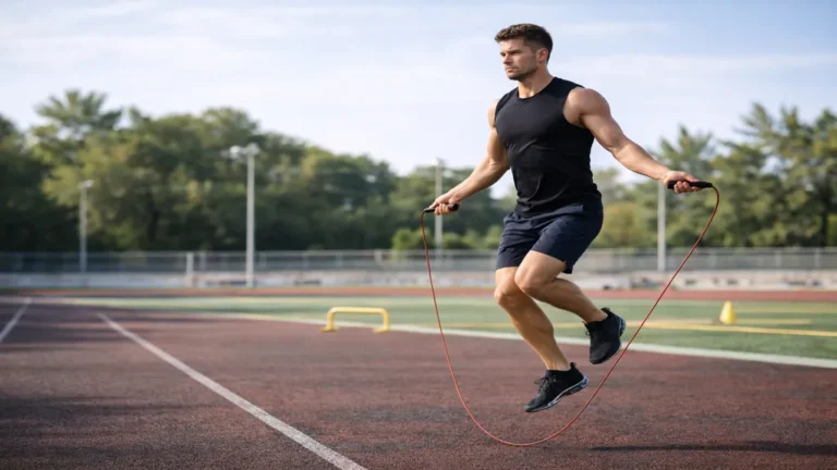 Homme pratiquant la corde à sauter en extérieur pour brûler des calories et améliorer l’endurance cardiovasculaire