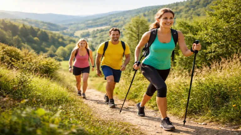 Personnes marchant à allure soutenue sur un sentier naturel, illustrant la dépense calorique d’une heure de marche selon la vitesse et le terrain