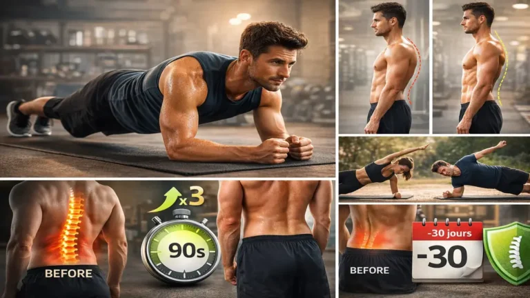 Homme réalisant un exercice de gainage en planche, illustrant les résultats de deux minutes de gainage par jour sur la posture, la sangle abdominale et le renforcement du tronc