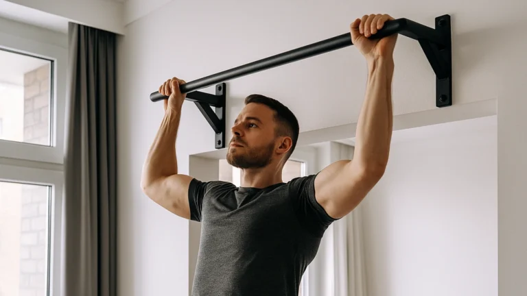 Homme athlétique réalisant une traction en prise pronation sur une barre murale solide dans un appartement lumineux, illustrant l’utilisation d’une barre de traction pour muscler le dos et le haut du corps.