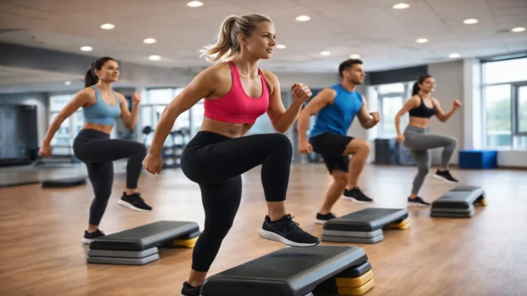 Cours de step fitness en salle de sport avec plateforme, activité cardio aérobic sollicitant jambes, fessiers et endurance.