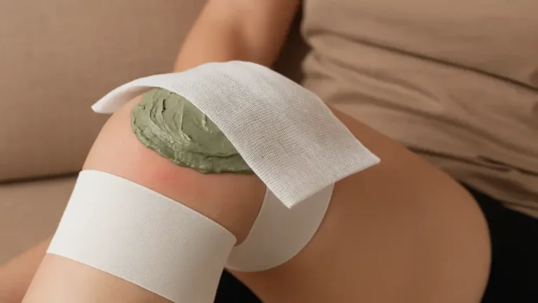 Cataplasme d'argile verte posé sur un genou inflammé pour apaiser la douleur et réduire l'œdème